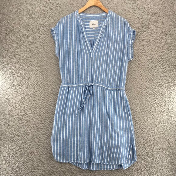 Rails Dress Womens Extra Small Emma Blue Striped Linen Mini V Neck Pockets Tie - Picture 1 of 12